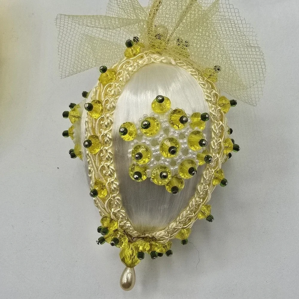 Vintage Handmade Yellow Satin‎ Push Pin Christmas Ornament with Ribbon Beads